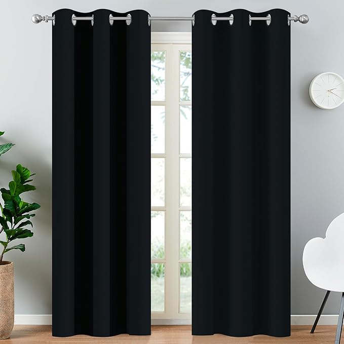 Yakamok Black Room Darkening Grommet Window Drapes Blackout Curtains Thermal Insulated Grommet Curtain Panels for Bedroom, 38W x 84L,1 Panel