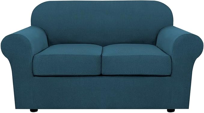 H.VERSAILTEX 3 Piece Stretch Sofa Covers for 2 Cushion Loveseat Couch Covers for Living Room Sofa Slipcovers (Base Cover Plus 2 Seat Cushion Covers) Thicker Jacquard Fabric(Medium Sofa, Deep Teal)