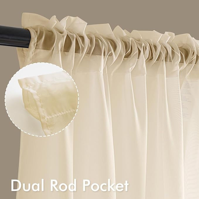 MIULEE Butter Cream Sheer Curtains 108 Inches Long, 4 Panels Set, Rod Pocket Voile Drapes Light Filtering and Semi Transparent, Elegant Window Treatments for Bedroom Living Room,54 x 108 Inches