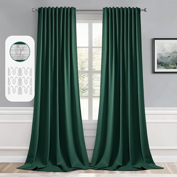 MIULEE Christmas Hunter Green Back Tab Blackout Curtain 96 Inch Long 2 Panels Set for Living Room Bedroom, Rod Pocket/Pinch Pleat Thermal Insulated Room Darkening Pleated Floor to Ceiling Drapes