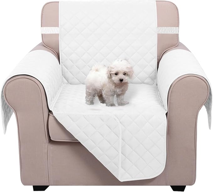 U-NICE HOME Reversible Oversized Chair Covers Quilted Water Repellent Pet Protectors with Elastic Straps(28''Armchair, White/White)