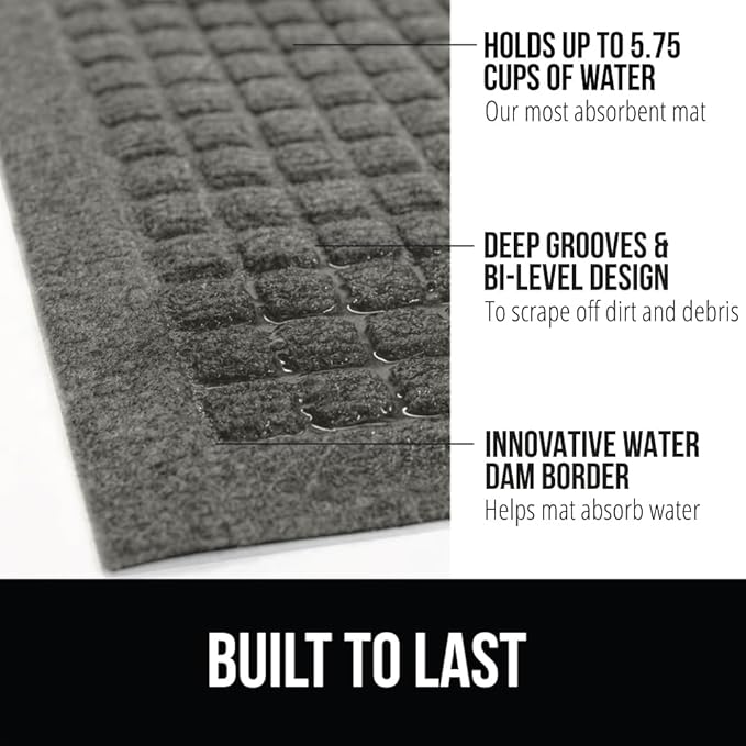 GORILLA GRIP® Ultra Absorbent Front Door Mat Outside Entrance, 35x23, Traps Dirt and Moisture, HydroABSORB Indoor Outdoor Doormat Holds Up to 5.7 Cups Water, Stain and Fade Resistant Welcome Mat, Grey