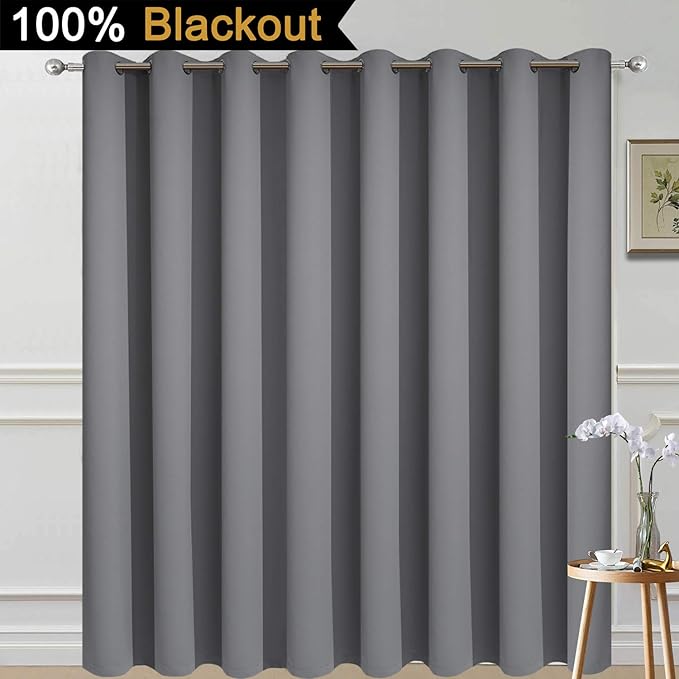 Yakamok Total Blackout Extra Wide Patio Sliding Door Curtains, Grommet Thermal Insulated Blind Curtains, Sliding Glass Door Panel for Living Room/Space Room Divider, Grey, W100 x L96, 1 Panel