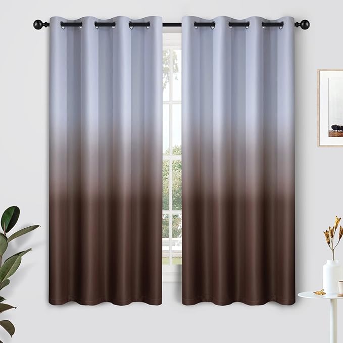 SimpleHome Ombre Curtains 52 x 63 Inch for Bedroom 2 Panels, Gradient Grey White to Brown Light Blocking Thermal Insulated Grommet Room Darkening Window Curtain/Drapes for Living Room