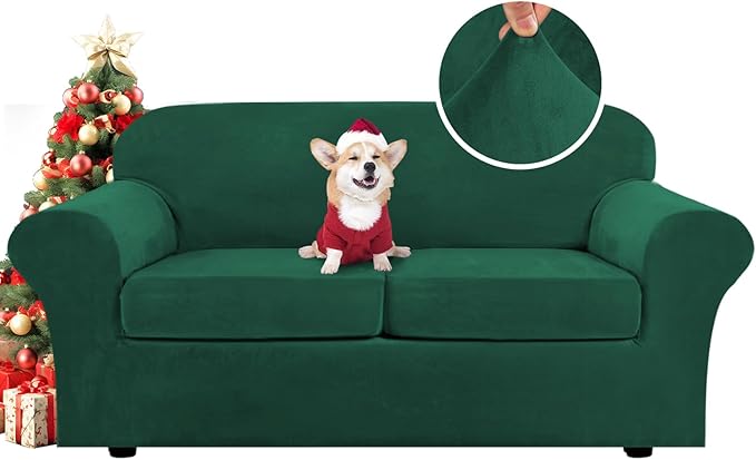 H.VERSAILTEX Real Velvet Plush 3 Piece Stretch Sofa Covers Couch Covers for 2 Cushion Couch Sofa Slipcovers Width Up to 90 Inch Feature Thick Soft Stay in Place (Large Sofa, Vintage Green)