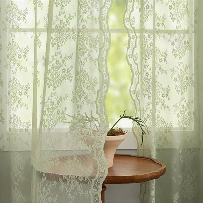 YJ YANJUN Vintage Lace Curtains 45 Inch Length-Victorian Floral Pattern Sage Green Sheer Curtain Panels for Living Room Bedroom,Light Filtering Spring Summer Cottage Core Drapes 2 Panels 52W x 45L