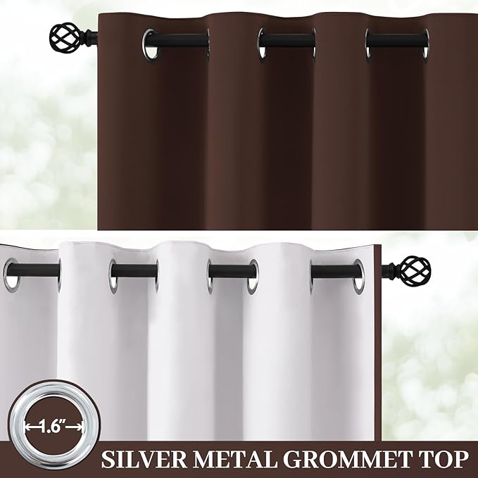 Yakamok 100% Blackout Curtain Panels 63 inches Cold and Light Blocking Drapes for Nursery, 2 Thick Layers Thermal Insulated Draperies (2 Pieces, 50 Wide Each Panel, Brown/White Backing)