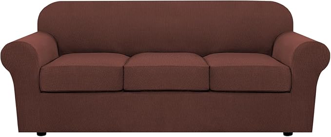 H.VERSAILTEX 4 Piece Stretch Sofa Covers for 3 Cushion Couch Covers for Living Room Furniture Slipcovers (Base Cover Plus 3 Seat Cushion Covers) Upgraded Thicker Jacquard Fabric (Sofa, Burnt Brick)