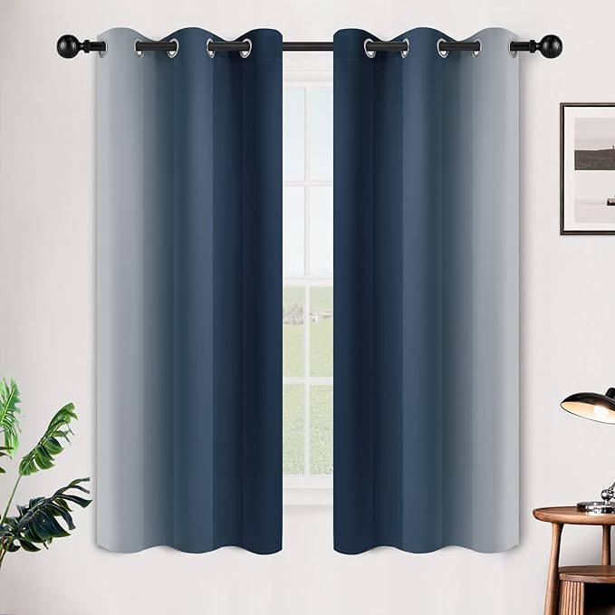 SimpleHome Ombre Room Darkening Curtains for Bedroom, Gradient Navy Blue to Grey White Light Blocking Thermal Insulated Grommet Window Curtain/Drapes for Living Room,2 Panels, 42x63 inches Length