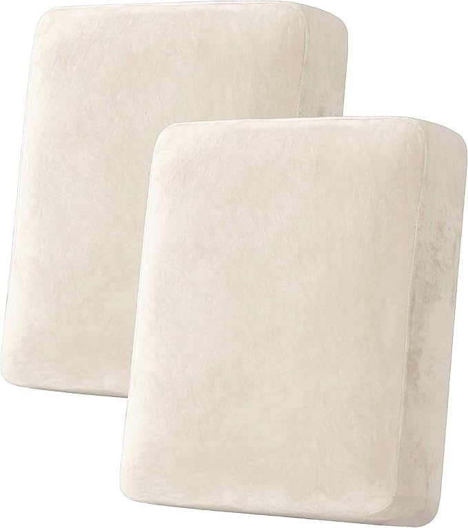 H.VERSAILTEX Velvet Stretch Couch Cushion Cover Plush Cushion Slipcover for Chair Loveseat Sofa Cushion Furniture Protector Seat Cushion Sofa Cover (2 Piece Medium Sofa Cushion Covers, Cream)