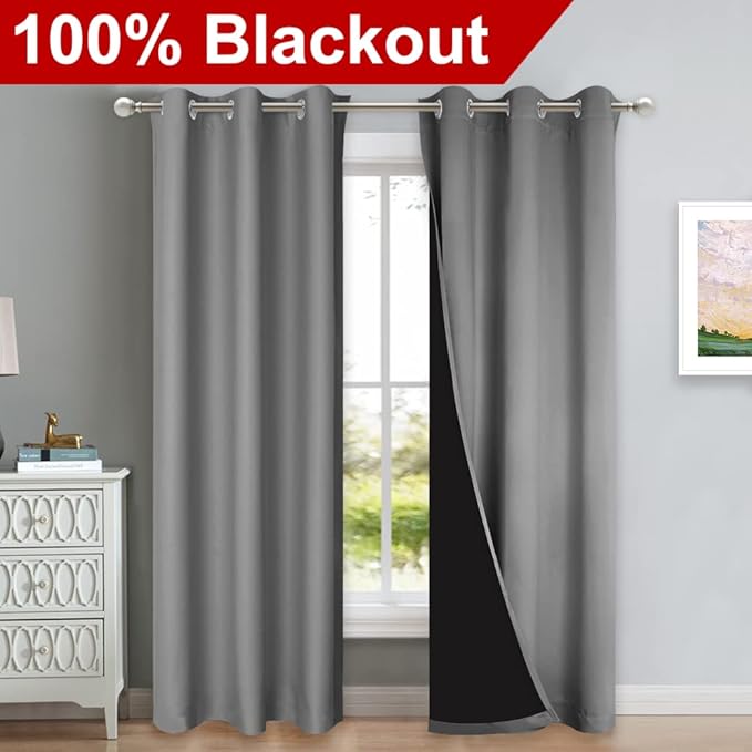 NICETOWN Silver Grey Full Shade Curtain Panels, Pair of Thermal Insulated & Energy Efficiency Blackout Curtains for Living Room Windows, Lined Silky Performance Window Dressing (42" Wide x 84" Long)