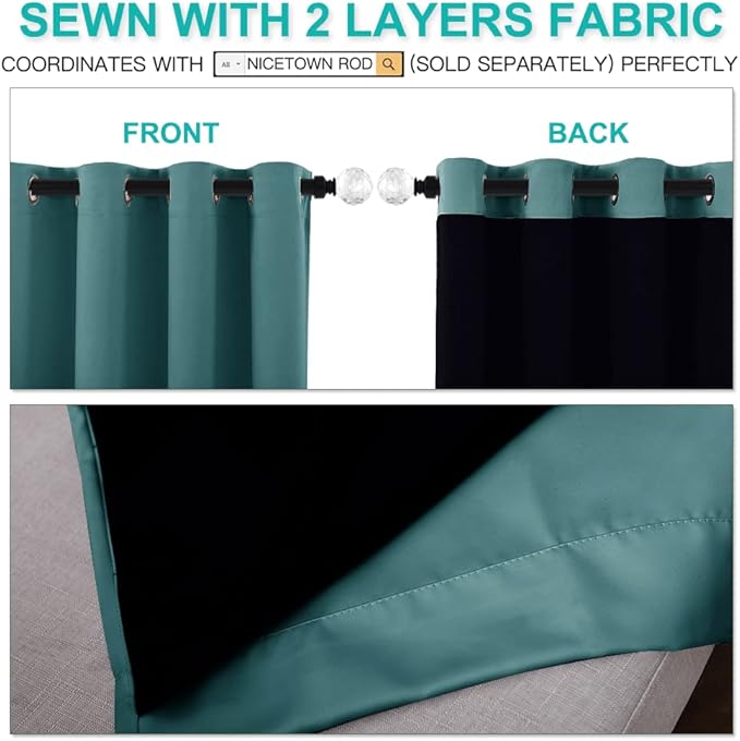 NICETOWN 100% Blackout Curtain Panels, Thermal Insulated Black Liner Curtains for Nursery Room, Noise Reducing and Cold Blocking Drapes for Windows (Set of 2, Sea Teal, 70-inch Wide by 63-inch Long)