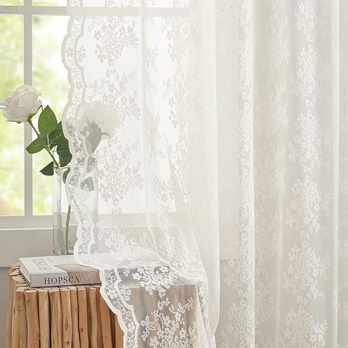 YJ YANJUN Vintage Lace Curtains 108 inches Long 2 Panels Set French Country Shabby Chic Floral Sheer Curtains for Living Room Window Light Filtering Rod Pocket 52W x 108L Ivory