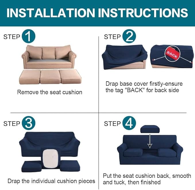 Turquoize 4 Piece Sofa Covers for 3 Cushion Couch Sofa Slipcover Soft Couch Cover for Dogs Washable Furniture Cover with 3 Individual Large Cushion Covers Feature Fabric (Large Sofa, Navy)