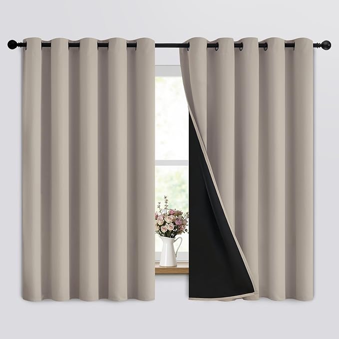 SimpleHome 100% Blackout Curtains for Bedroom,Thermal Insulated Natural Grommet Window Drapes Room Darkening Curtains for Living Room with Black Back,62 x 63 Inch,2 Panels