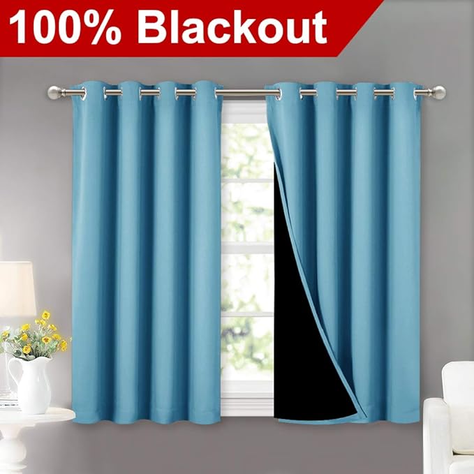 NICETOWN 100% Blackout Short Curtains with Black Liners, Thermal Insulated Full Blackout Lined Drapes, Energy Efficiency Window Draperies for Boy's Room (Teal Blue, 2 Panels, 52-inch W by 45-inch L)