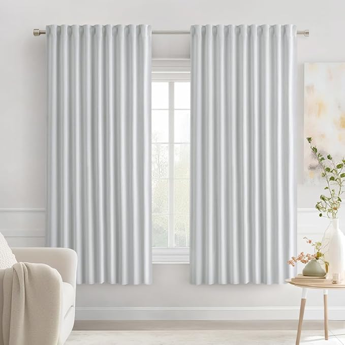 MIULEE Greyish White Back Tab Blackout Curtains 63 Inches Long 2 Panels Set for Living Room Bedroom Privacy, Rod Pocket/Pinch Pleat Thermal Insulated Room Darkening Pleated Light Blocking Drapes