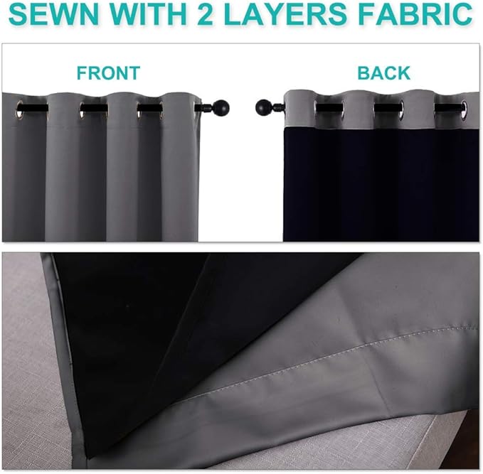 NICETOWN 100% Blackout Short Curtains with Black Liners, 2 Panels, 37" W by 40" L, Grey, Solid Thermal Insulated Full Blackout 2-Layer Lined Drapes, Energy Efficiency Window Draperies for Bedroom