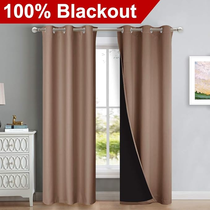 NICETOWN Blackout Curtains 80 inches Long, Full Light Blocking Drapes with Black Liner for Nursery, Thermal Insulated Draperies for Hall, Villa (Cappuccino, 2 Pieces, 42" Wide Each Panel)