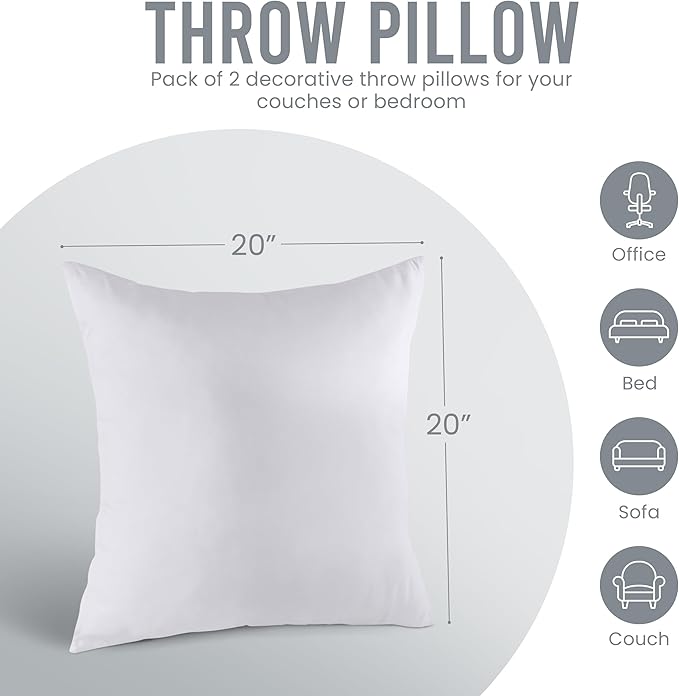 Utopia Bedding 20x20 Pillow Inserts, Set of 2, White – Indoor Decorative Throw Pillows for Bed, Sofa & Couch – Soft, Supportive & Fluffy Cushion Inserts