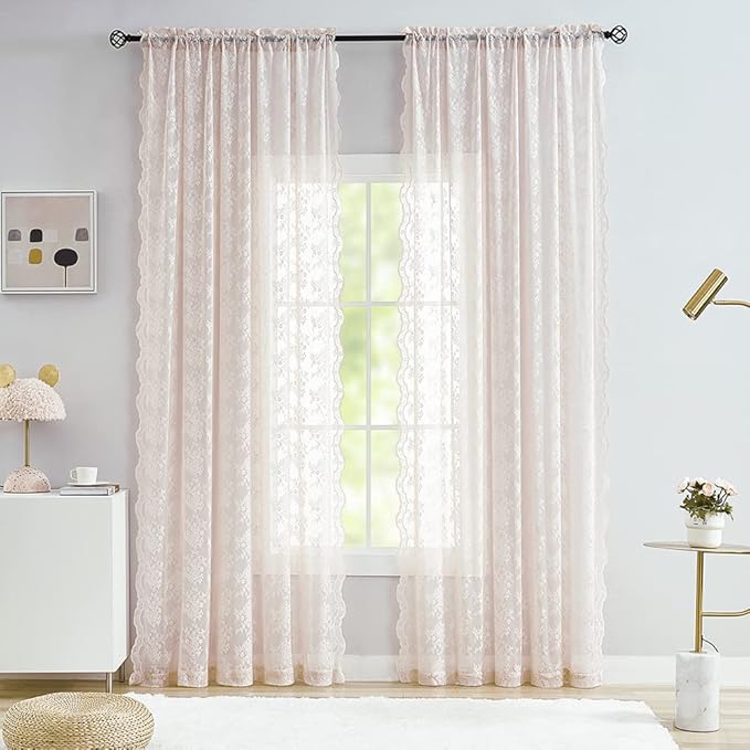 YJ YANJUN Vintage Lace Curtains 72 inchLength Romantic Flowers Sheer Pink Lacy Curtains for Girls Bedroom Living Room Rod Pocket Light Filtering 52 x 72 Inch Dusty Pink