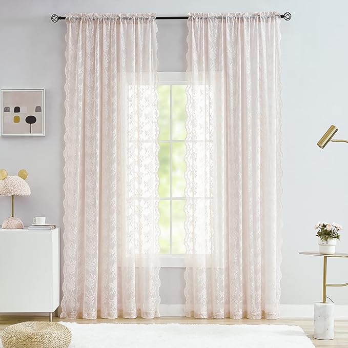 YJ YANJUN Vintage Lace Curtains 84 Inches Long-Victorian Floral Dusty Pink Sheer Curtain Panels for Living Room Bedroom Dining Room, Light Filtering, Shabby Chic Girls Drapes 2 Panels 52W x 84L