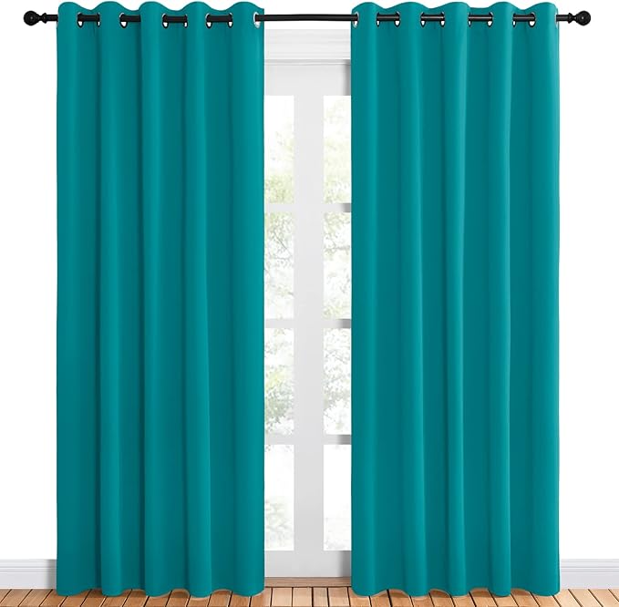 NICETOWN Blackout Draperies Curtains for Kids Room, Window Treatment Thermal Insulated Solid Grommet Blackout Drape Panels for Bedroom (Peacock Teal, Set of 2, 60 by 84 inches)