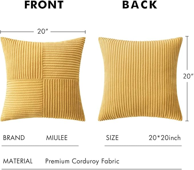 MIULEE Golden Mustard Decorative Throw Pillow Covers 20x20 Inch for Couch Bed Sofa Pack of 2 Boho Farmhouse Throw Pillows Soft Cross Corduroy Patchwork Textured Cushion Cases