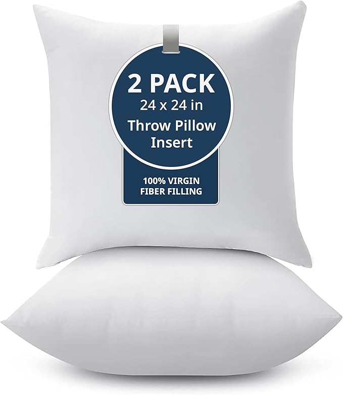 LANE LINEN 24x24 Pillow Inserts - Set of 2 Lightweight Down Alternative Square Pillows, White Throw Pillows for Bed, Decorative Pillows for Couch Bed, Firm Pillows for Living Room