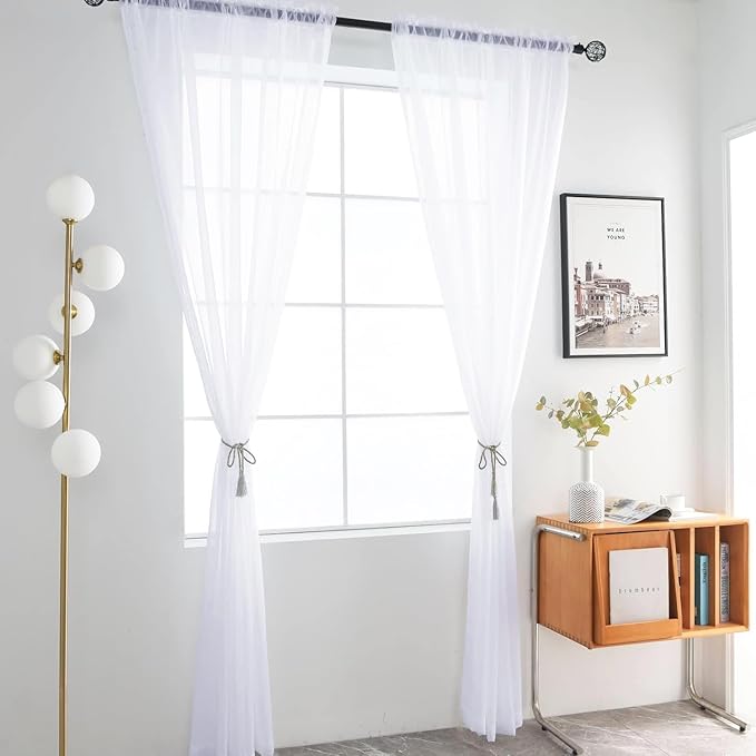SpaceDresser Sheer Voile Window Treatment Rod Pocket Curtain Panels for Kitchen Bedroom Living Room Drapes Sunlight Filtering Privacy Semi Home Decor Assorted Colors Sizes (Optical White, 52 W x 54 L)
