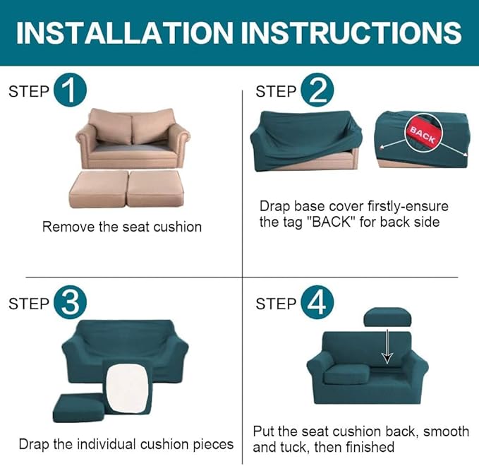 Turquoize 3 Piece Sofa Covers for 2 Cushion Couch Sofa Slipcover Soft Couch Cover for Dogs-Washable Sofa Furniture Covers with 2 Individual Cushion Covers, Feature Fabric (2 Cushion Sofa, Deep Teal)