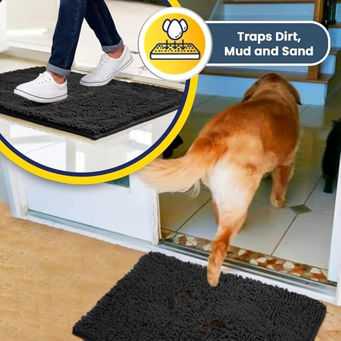 Muddy Mat® | Super Absorbent Door Mat Indoor, Microfiber Quick Dry Chenille Entryway Rug, Non-Slip Front Door Mat, Indoor Mats for Entryway, Machine Washable Pet Rug, Charcoal 24" x 96"