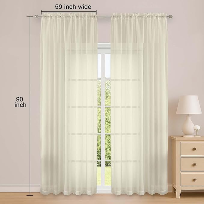 OWENIE Cream Sheer Curtain 90 Inches Long 2 Panels Set, Solid Filmy Drapes for Living Room Bedroom, Elegant Window Voile Sheer Curtain Panels Drapes, 2 Pcs, Each 59" Wx90 L Inch