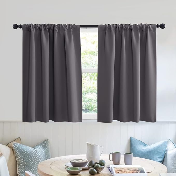 RYB HOME Blackout Privacy Bathroom Window Curtains, Short Thermal Insulated Heat Blocking Privacy Rod Pocket Half Window Curtain Tiers for Nursery Bedroom, Width 42 by Length 30, Grey, 2 Panels