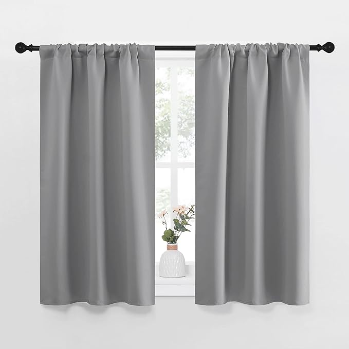 NICETOWN Short Room Darkening Curtains for Kitchen - Home Decoration Thermal Insulated Rod Pocket Blackout Blinds & Drapes for Small Windows (Silver Grey, 2 Panels, W34 x L45 -Inch)