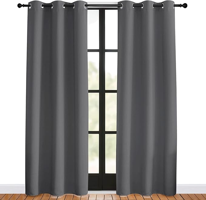 NICETOWN Bedroom Curtains Blackout Drapery Panels, 2 Panels, 42 x 80 inches, Gray, Three Pass Microfiber Thermal Insulated Solid Ring Top Blackout Window Curtains/Drapes