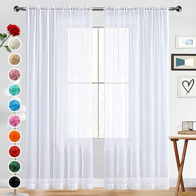 SpaceDresser Basic Rod Pocket Sheer Voile Window Curtain Panels White 1 Pair 2 Panels 60 Width 84 Inch Long for Kitchen Bedroom Children Living Room Yard(White,60 W x 84 L)