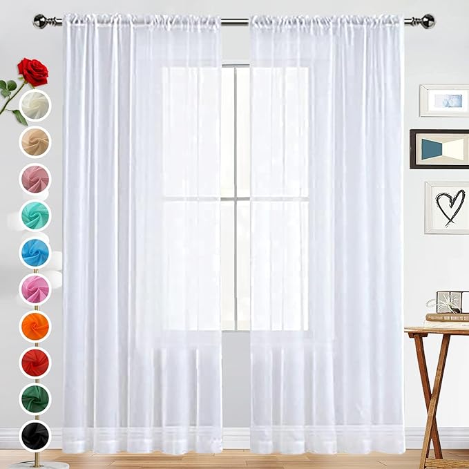SpaceDresser Basic Rod Pocket Sheer Voile Window Curtain Panels White 1 Pair 2 Panels 38 Width 84 Inch Long for Kitchen Bedroom Children Living Room Yard(White,38 W x 84 L)