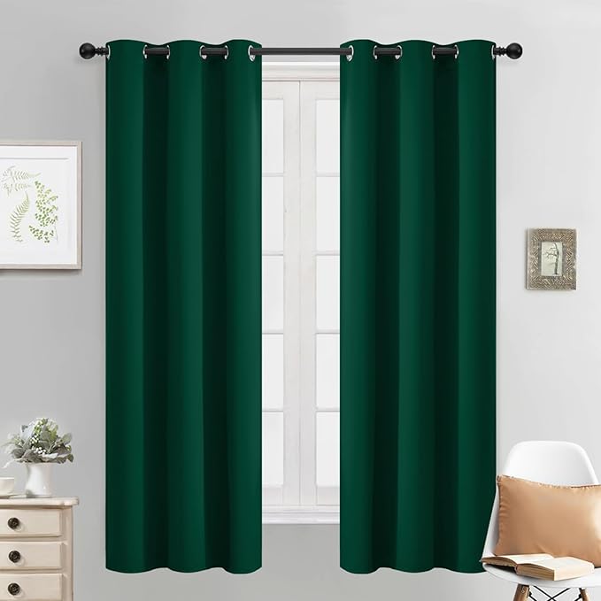 Yakamok Dark Green Blackout Curtains for Bedroom, Room Darkening Thermal Insulated Grommet Window Curtains, Light Blocking Blackout Drapes for Living Room,38Wx63L inch,2 Panels