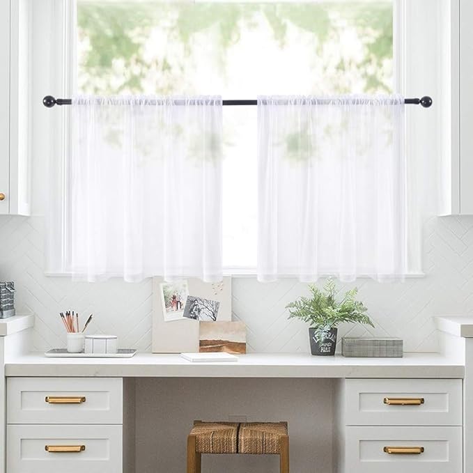 MIULEE 2 Panels Kitchen Tiers Half Window Sheer Curtains Rod Pocket Voile Drapes for Kitchen Bathroom Small Windows 29 by 24 Inch White