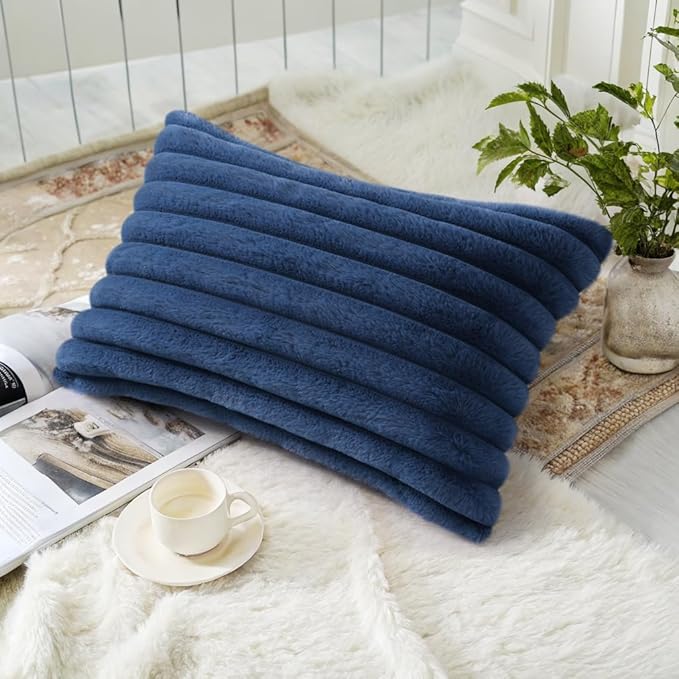 decorUhome Cozy Faux Fur Throw Pillow Covers 12x20 Set of 2 Decorative Soft Plush Striped Lumbar Modern Farmhouse Boho Couch Pillow Cases with Velvet Back for Sofa Bed Living Room, Blue