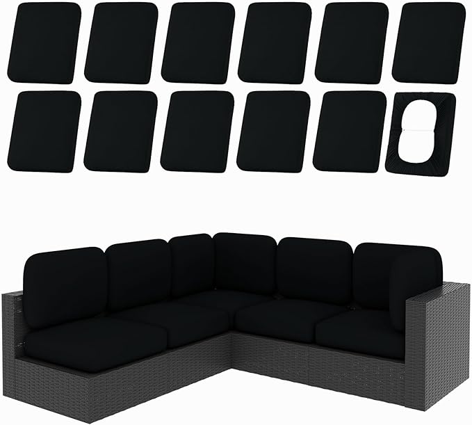 hyha 12Pcs Patio Cushion Covers, Stretch Outdoor Couch Cushion Covers Replacement, Washable Outdoor Chair/Sofa Slipcovers for Patio Furniture Cushions Protector with Elastic Bottom(Black,Cover Only)