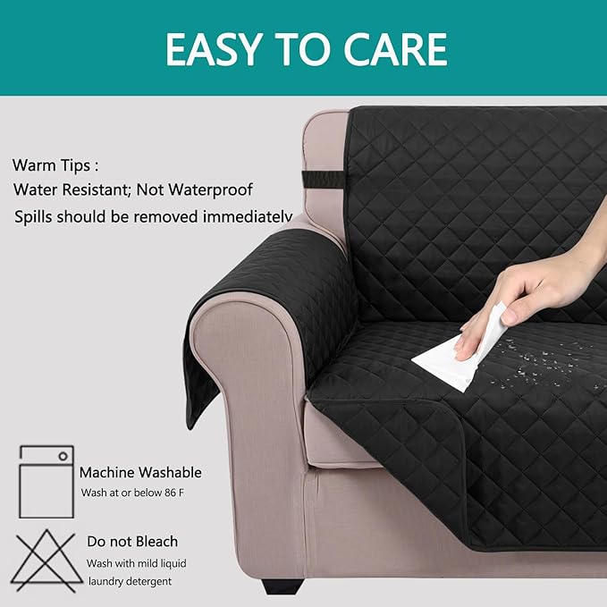 U-NICE HOME Reversible Oversized Chair Covers Quilted Water Repellent Pet Protectors with Elastic Straps(28''Armchair, Black/Black)