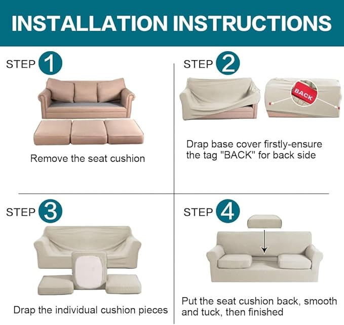 Turquoize 4 Piece Sofa Covers for 3 Cushion Couch Sofa Slipcover Soft Couch Cover for Dogs Washable Furniture Cover with 3 Individual Large Cushion Covers Feature Fabric (Large Sofa, Island Fossi)