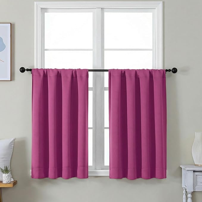 Simplebrand Ava Hot Pink Short 36 Inches Blackout Curtain 2 Panels Set, Half Window Rod Pocket Privacy Curtain Tiers for Kitchen, Curtains Blackout for Bathroom Shades, W40 x L36 Inch, Hot Pink