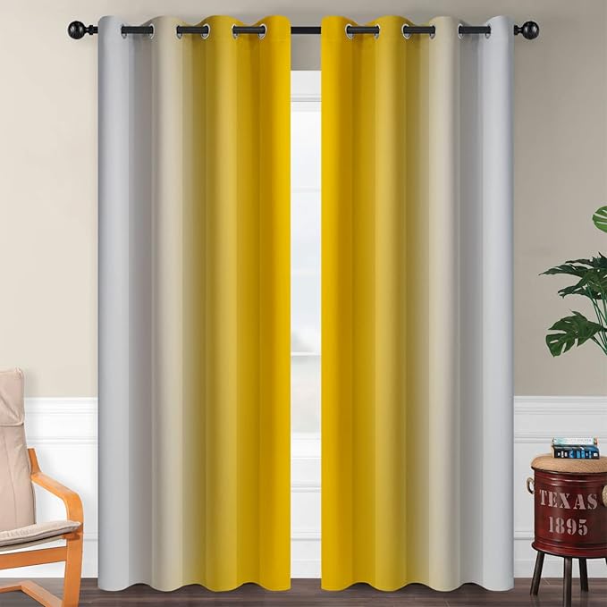 SimpleHome Ombre Room Darkening Curtains for Bedroom, Gradient Yellow to Grey White Light Blocking Thermal Insulated Grommet Window Curtain/Drapes for Living Room,2 Panels, 52x84 inches Length