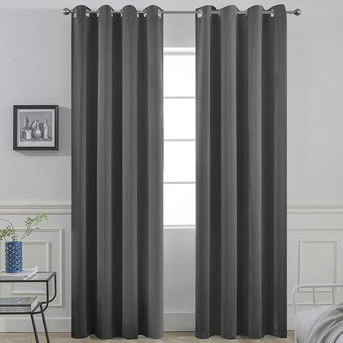 Yakamok Blackout Curtains Room Darkening Thermal Insulated Window Panels,Solid Grommet Top Drapes for Bedroom/Living Room(52Wx90L, Dark Grey, 2 Panels)