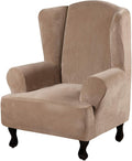 H.VERSAILTEX Wingback Chair Covers Velvet Plush Wing Chair Slipcover 1 Piece High Stretch Wing Back Chair Slipcovers Sofa Cover Furniture Cover with Elastic Bottom, Camel