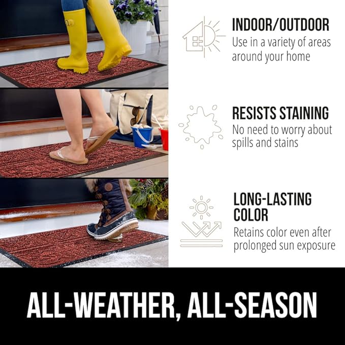 GORILLA GRIP 100% Waterproof All-Season WeatherMAX Doormat, US Designed Natural Rubber, Stain and Fade Resistant, Low Profile Indoor Outdoor Door Mats, Easy Clean Patio Mat, 29x17, Burgundy Leaves