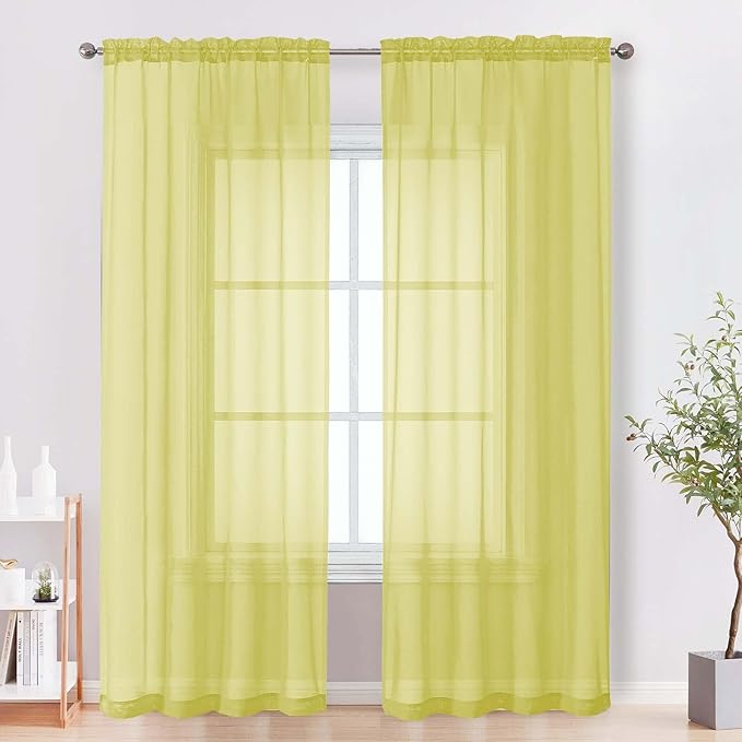 OVZME Sheer Curtains 84 Inches Long 2 Panels Set, Light Filtering Transparent Lightweight Soft Window Treatment Panels for Study Room Living Room Guest Room, Each 42W x 84L Inches, Lemon